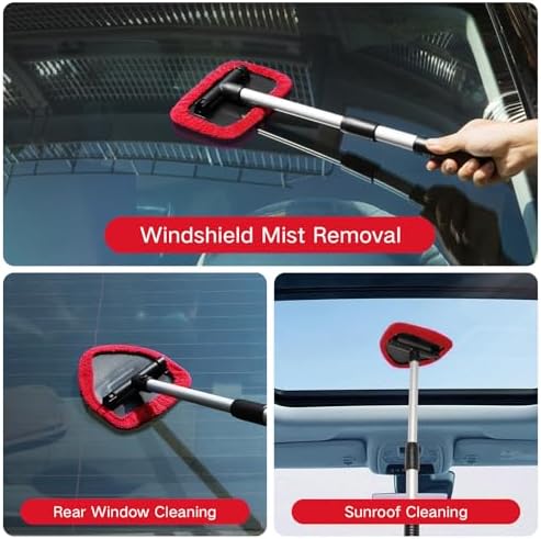 Qydipclin 7pcs Windshield Cleaner Tool Car Window Cleaning Wash Kit with 4 Reusable Microfiber Pads 1 Spray Bottle and Extendable Handle Auto Glass Wiper Kit, Red - Image 2