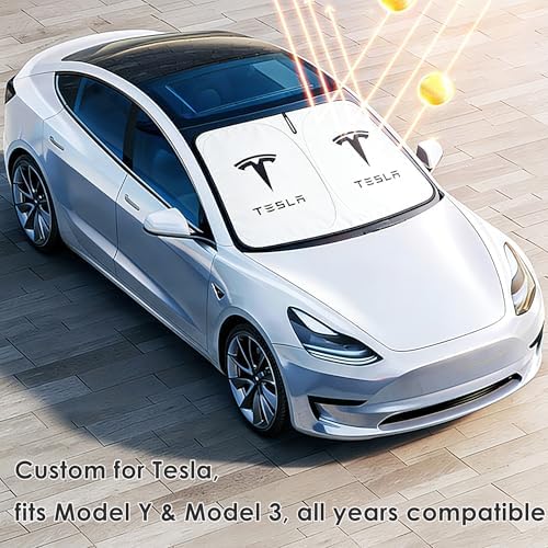 Windshield Sunshade for Tesla Model 3 & Model Y, Digital Printed Double-Sided Fabric Sun Visor, Silver Outside Black Inside UV Block Sunshade Compatible with 2017-2026 Model 3 2021-2026 Model Y - Image 2