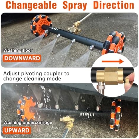 2-in-1 Can Move Horizontally Pressure Washer Undercarriage Cleaner Water Broom, 15" Surface Cleaner Power Washer Attachment with 4 Nozzles 3 Extension Rods andSpare Wheel，4000 PSI (15inch) - Image 5