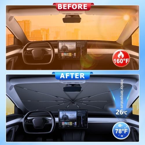 for Car Windshield Sunshade Umbrella 2026 Tesla Model 3/Model Y Custom Fit Windshield Sun Protector Cover 6-Layer Heat-Resistant Fabric, Ultra-Strong Fiberglass Frame (for Tesla Model 3/Model Y) - Image 2