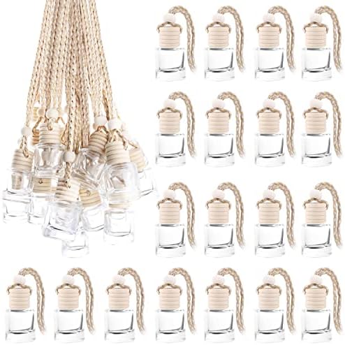 50 Pcs/Set,8ml Hanging Car Air Freshener Diffuser,Empty Refillable Clear Glass Essential Oil Fragrance Perfume Diffuser Pendant Glass Vials with Wooden Caps & Hanging String,Cylindrical Style by DMuuuDM
