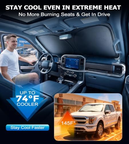 DMJN Front Windshield Sun Shade for Ford F150 F250 F350 F450 (2015-2020), [Nano Ice-Crystal Coatings] UPF50+ Heat & UV Block, Protect Car Interior & Keep Cool, Flodable Steel-Ring Car Cover for Summer - Image 2