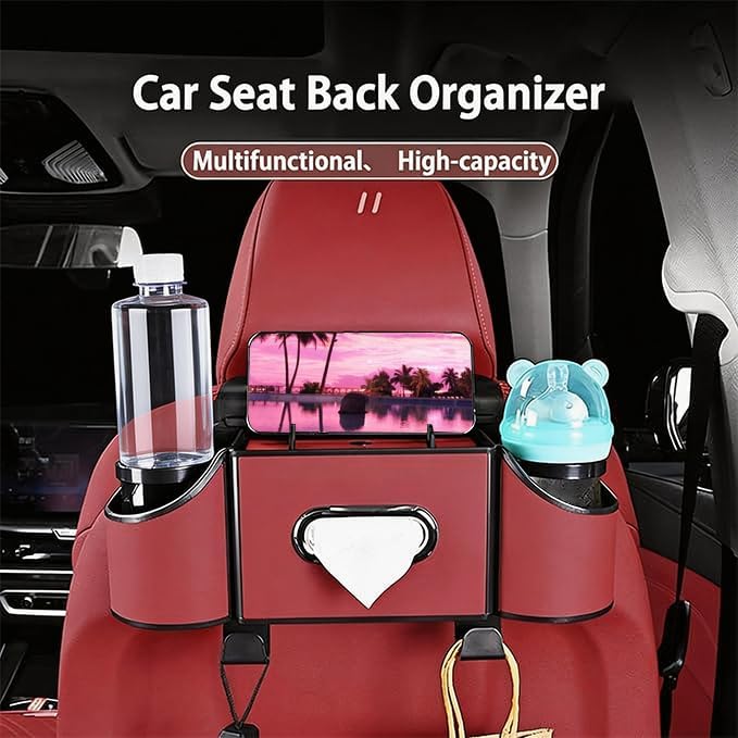 Back Seat Car Organizer,4 in 1 Multifunctional Car Back Seat Storage Box with Drink Cup Holder Tissue Box, for Hold Phone,Snacks, Drinks, Handbag-Red - Image 2