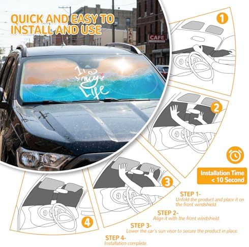 Windshield Sun Shade for Car, 63"x28.5" Stylish Printed Front Window Sunshade with Double Steel Ring Frame, Universal Fit Foldable Heat Blocker & UV Protector, with Storage Pouch (Sea & Beach) - Image 5