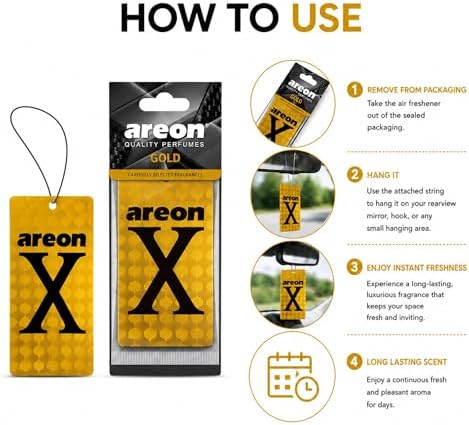 AREON X Gold Hanging Car Air Freshener - Long Lasting Premium Fragrance - Elegant Vehicle Scent Freshener for Cars, SUVs, Trucks, RVs - Easy Hang Design - Stylish Interior Accessory (Pack of 3) - Image 4