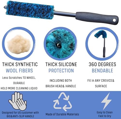 oesee Professional 4 Pack Long Handle Wheel Brush Kit for Cleaning Wheel and Tire- 2X Soft Wheel Cleaning Brush, Detailing Brush and Stiff Tire Brush, Bendable& Durable Wheel Rim Cleaner Brush Set - Image 6