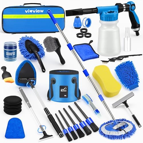 36Pcs Blue Car Wash Detailing Kit，Car Cleaning Set with Foam Gun Sprayer，Long-Handle Brush Mop，Large Collapsible Bucket，Complete Car Wash Supply Gift for Men and Women by Vioview
