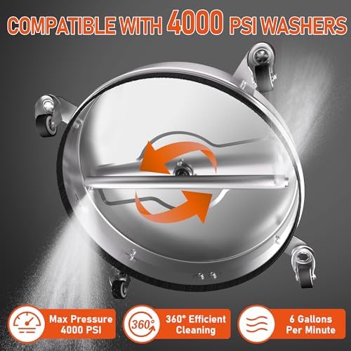 16.5" Pressure Washer Surface Cleaner with 4 Wheels, 4000 PSI Max Stainless Steel Surface Cleaner for Pressure Washer, 2 Extension Wands, 1/4" Quick Plug, for Concrete, Patio, Sidewalk, Deck - Image 4