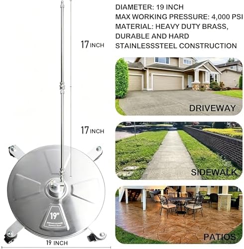 Hourleey 19" Pressure Washer Surface Cleaner, Stainless Steel Surface Cleaner with 4 Wheels for Concrete, Patio, Sidewalk, Deck, Pathway 1/4" Quick Connector, 2 Extension Wand, 4000 PSI - Image 2