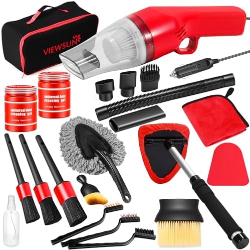 17PCS Car Cleaning Kit, Car Interior Detailing Kit with Red High Power Handheld Vacuum, Detailing Brush Set, Windshield Cleaner, Cleaning Gel, Complete Auto Accessories for Women by Viewsun