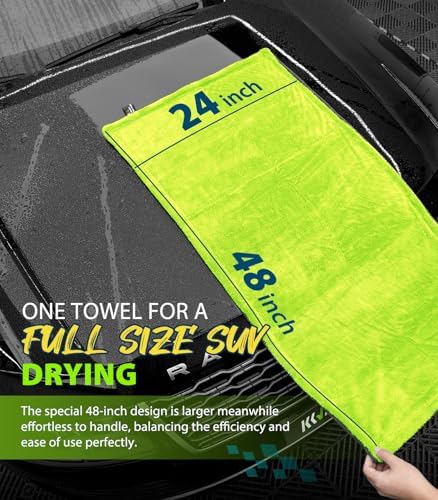 KKV Full-Sized SUV Drying Towel, 48”x24” Dual Sided Microfiber Car Cleaning Towel with Twisting Yarn Technique, 1400GSM Super Absorbent, Scratch-Free, Machine Washable (Darkgray-GreenYellow) - Image 2