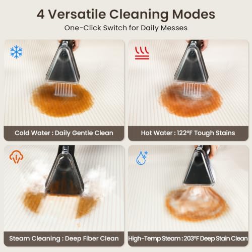 Portable Steam Carpet Cleaner, 203°F High Temp Steam & 18,000Pa Suction, Deep Stain & Odor Removal, Spot Cleaner for Pets, Kids, Home Upholstery, Stairs & Car Detailing - Image 4