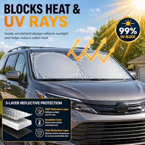 Sienna Windshield Sun Shade, Custom Fit Foldable Front Window Sunshade Visor, Reflective UV and Heat Block Interior Protector, Fits 1998–2025 Models - Image 2