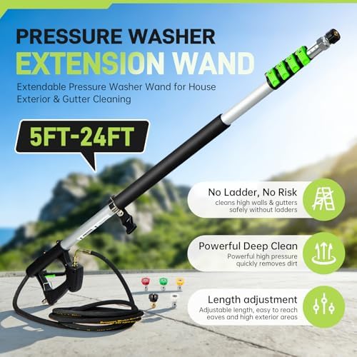 TOR 24 FT Telescoping Pressure Washer Wand with Pressure Washer Extension Wand,Gutter Cleaner Attachment, Pressure Washer Telescoping Wand with 5 Spray Nozzle Tips, 2 Hose Inlet Adapters, Brush Head - Image 2