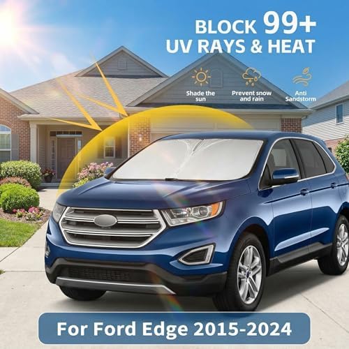 Windshield Sun Shade for Ford Edge 2015-2024 Double Layer 240T Front Window Shade Custom Fit Edge Sun Visor Foldable Shade Blocks UV Rays Summer Must Have Car Accessories - Image 2