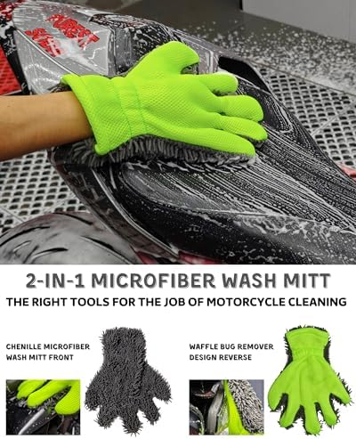 oesee 8 Pack Motorcycle Cleaning Kit - Professional Safe for Chrome/Engine/Tires, Hard Reach Brush, Microfiber Mitt, Detailing Tools, Drying Towel & Wax Applicators - Image 3