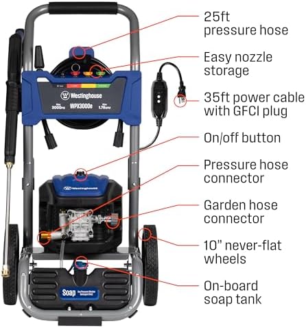 Westinghouse WPX3000e Electric Pressure Washer, 3000 Max PSI and 1.76 Max GPM, Induction Motor, Onboard Soap Tank, Spray Gun and Wand, 5 Nozzle Set, for Cars/Fences/Driveways/Homes/Patios/Furniture - Image 4