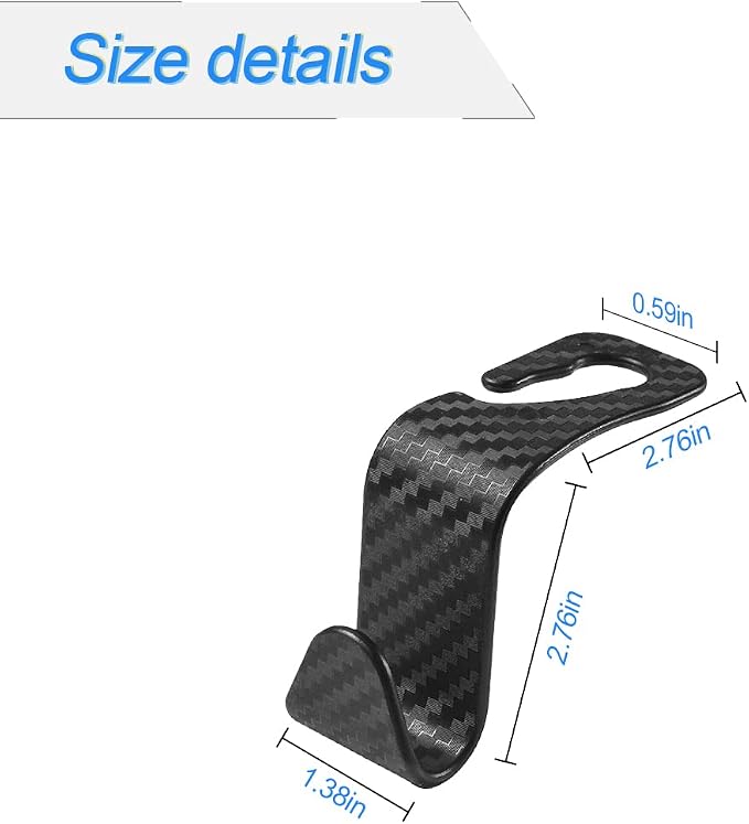 4 Pack Headrest Hooks for Vehicle Seats, Carbon Fiber/Black | rear-row hanging storage, supports bags coats and groceries, fits matching headrest posts, interior accessory - Image 2