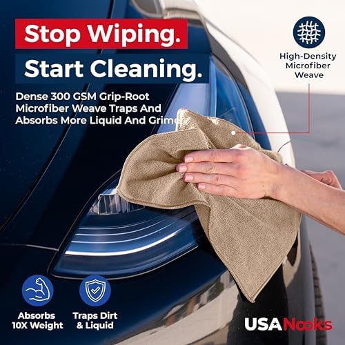 USANOOKS Microfiber Cleaning Cloth - Beige - 24Pcs (12.5x12.5 inch) High Performance - 1200 Washes, Ultra Absorbent Car Towel Traps Grime & Liquid for Streak-Free Mirror Shine - car Washing Cloth - Image 6