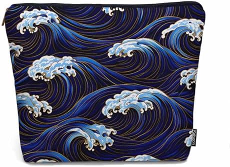 Women Cosmetic Bag Japanese Waves, Traditional Ocean Wave Blue Cute Makeup Bag For Purse Cosmetic Travel Bag For Toiletries Makeup Storage Bag Flax Skincare Bag Make Up Pouch Bags by Unknown