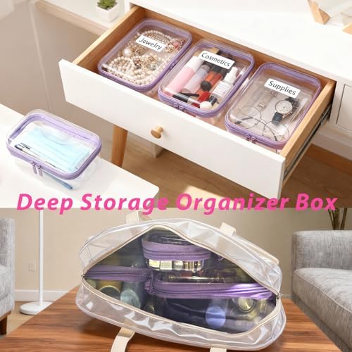3 Pack Clear Hard Shell Zipper Storage Case Deep Capacity Organizer Pouches | PET Waterproof Transparent Bags with Handle 1.2mm Thick for Makeup Toiletries Cosmetics Toys Art Supplies Travel Essentials - Image 3