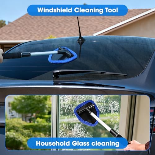 Windshield Cleaner Tool, Car Interior Cleaning Kit with Extendable Handle and 3 Reusable Microfiber Pads, Auto Glass Wiper and Detailing Brush Kit for Car & Home Window, Blue - Image 2