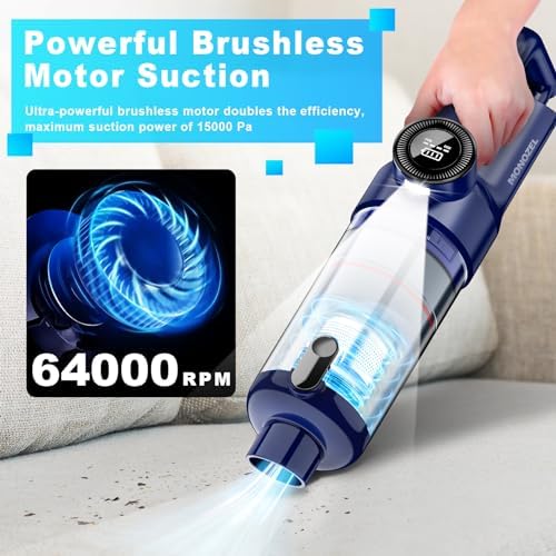 MONOZEL Handheld Vacuum Cordless - Car Vacuum Cleaner with Brushless Motor, 15kPa Powerful Suction Vacuum with LED Light, Type C Port, 2 Fliters, Portable Hand Vacuum for Home, Pet and Car - Image 3