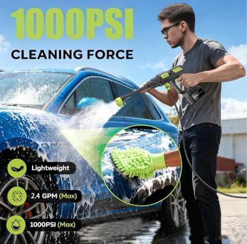 Cordless Car Washer,1000 PSI with Half-Hour Runtime & 6-in-1 Swivel Nozzle, 16.4FT High-Elastic Hose,Portable Handheld Car Washer,Suitable for Cars/Floors/Gardens Cleaning - Image 4