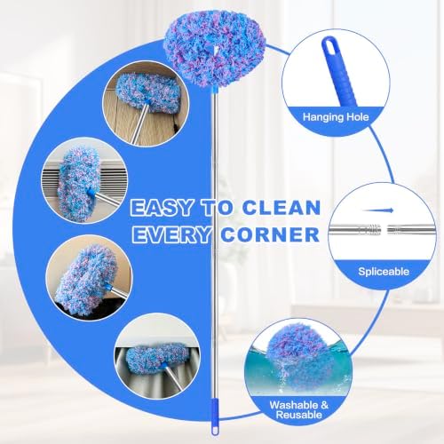 Ceiling Fan Cleaner Duster Reusable Microfiber Ceiling Fan Blade Cleaner Removable Duster with Extension Pole Adjusts 13 to 49.7 Inch for Cleaning Walls Furniture Door Window Top (Blue Pink) - Image 3
