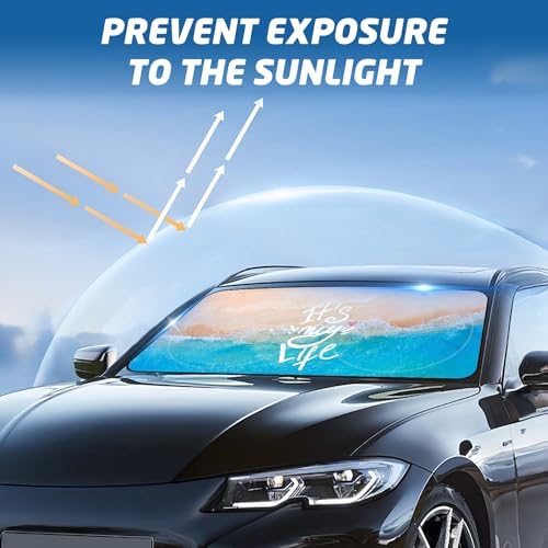 Windshield Sun Shade for Car, 63"x28.5" Universal Fit Front Window Sunshade with Double Steel Ring Frame, Car Sun Shade, UV Protection Windshield Cover with Storage Pouch (Beach) - Image 4