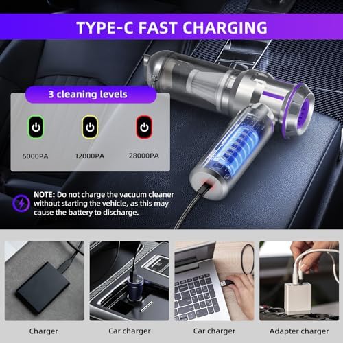 Handheld Vacuum Cleaner, 28000Pa 4 in 1 Handheld Vacuum Cordless, One-Touch Dust Removal, 3 Speeds Brushless Motor Mini Vacuum, Car Vacuum Portable Cordless for Office, Home, Kitchen, Car, Pet Hair - Image 5