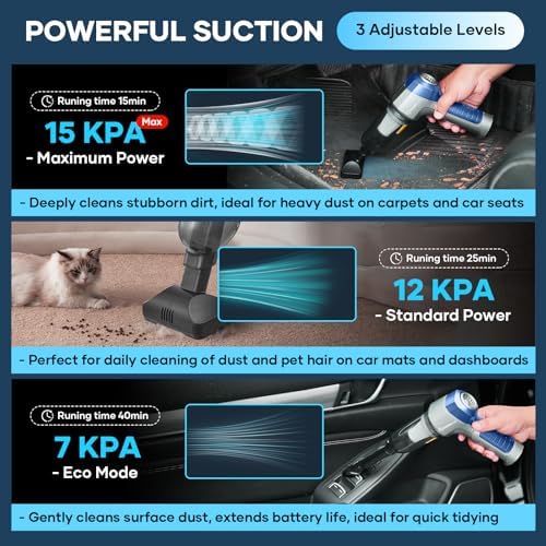 SakerPlus Mini Vacuum Cleaner, 3 in 1 Car Vacuum Cleaner High Power, 15000PA Powerful Suction, Air Duster, 7500mAh, Adjustable Small Vaccum Portable Cordless for Cars,Desktop,Home- Light Blue - Image 3