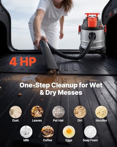 VEVOR Shop Vac, 5.8 Gallon Wet Dry Shop Vacuum, 4 Peak HP with One-Button Self-Cleaning, Dual-Filter, 900W Input Power, 1.25in x 7ft Hose, 9.8ft Cord, Metal Tank for Jobsite, Workshop, Garage, Home - Image 2