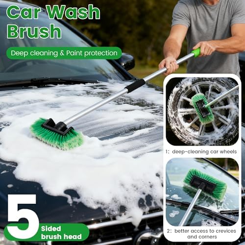 Car Wash Brush with Long Handle, 60'' Soft Bristle Cleaning Brush, Car Cleaning Brushes, Carwash Brushes for SUV, RV, Boat, Truck, House Siding, Sweep Snow, Green - Image 2