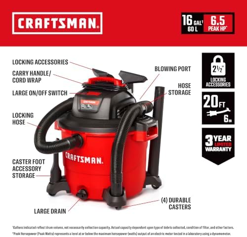 CRAFTSMAN CMXEVBE17595 16 Gallon 6.5 Peak HP Wet Dry Shop Vacuum - Image 2