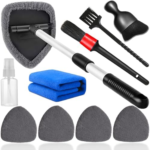 Qydipclin 10pcs Windshield Cleaning Tool Inside Car Window Cleaner Wash Kit with 4 Reusable Microfiber Pads 1 Spray Bottle and Extendable Handle Interior Auto Glass Wiper Kit, Gray by Qydipclin