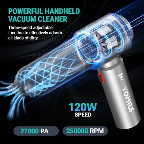 Yomile Mini Vacuum Cleaner, 2 in 1 27000PA Brushless Car Vacuum Air Duster 9000mAh Battery Air Blower Handheld Vacuum for Car,Office and Home (Black) - Image 6