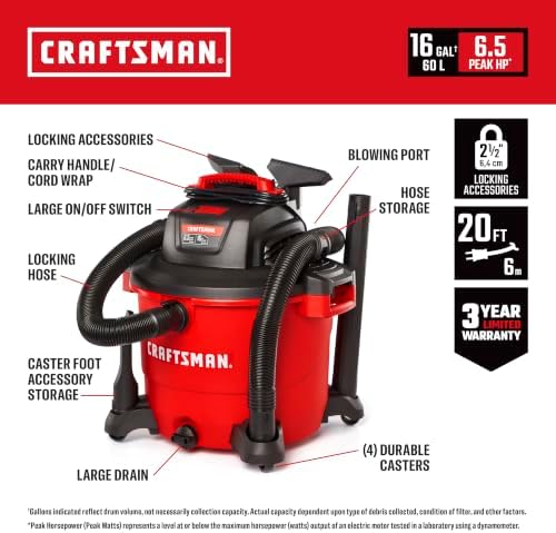CRAFTSMAN CMXEVBE18695 16 Gallon 6.5 Peak HP Wet Dry Shop Vacuum - Image 2