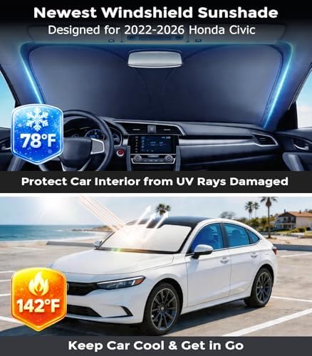 DMJN Front Windshield Sun Shade for Honda Civic (2022-2026), [Nano Ice-Crystal Coatings] UPF50+ Heat & UV Block, Protect Car Interior & Keep Cool, Flodable Steel-Ring Car Cover for Summer - Image 2