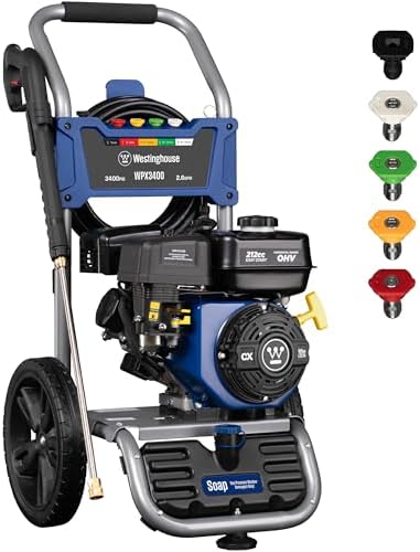 Westinghouse WPX3400 Gas Pressure Washer, 3400 PSI and 2.6 GPM, Onboard Soap Tank, Spray Gun and Wand, 5 Nozzle Set, for Cars/Fences/Driveways/Homes/Patios/Furniture by Unknown