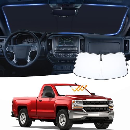 JKCOVER Foldable Front Window Windshield Sunshade Compatible with 2014 2015 2016 2017 2018 Chevy Silverado/GMC Sierra 1500 2500 3500HD Accessories Sun Heat UV Rays Protection Sun Shade Visor by JKCOVER