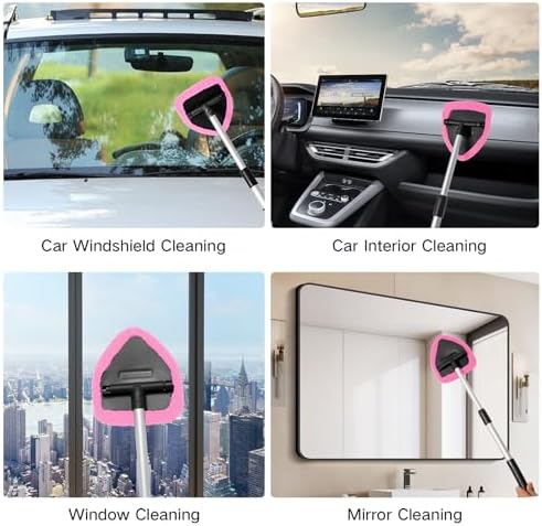 Qydipclin 7pcs Windshield Cleaner Tool Car Window Cleaning Wash Kit with 4 Reusable Microfiber Pads 1 Spray Bottle and Extendable Handle Auto Glass Wiper Kit, Pink - Image 5