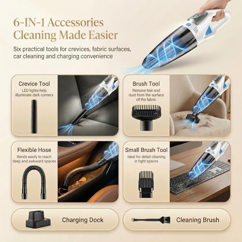 Handheld Vacuum Cordless, 25000Pa Powerful Suction Car Vacuum Portable Cordless with 8000mAh Battery & LED Light, Hand Held Vacuum Rechargeable with HEPA Filters, Home, Car Seats, Pet Hair White - Image 4
