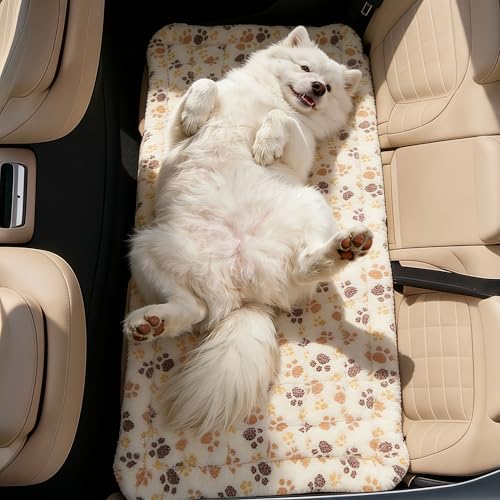 Dog Car Seat Cover for Back Seat, White Paw Print Flannel Pet Bed Mat, Non-Slip Waterproof Bottom, Washable Dog Bed & Seat Protector for Cars SUVs Trucks, Fits Backseat Extenders by ZHAOGIEBOND