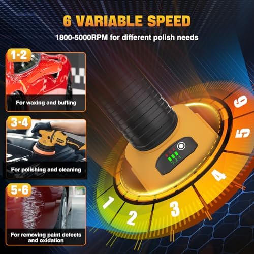 VERVEWAVE Cordless Buffer Polisher Kit for Dewalt 20V Battery (No Battery), 6-Inch Orbital Car Polisher Variable Speed 1800—5500 RPM, 17PCS Polishing Accessories, for Car Polishing/Waxing (Tool Only) - Image 5