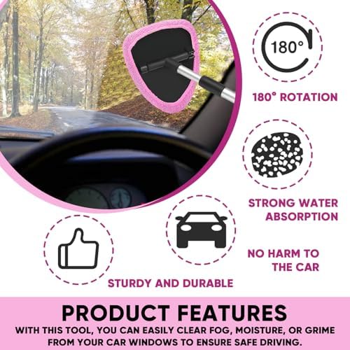 Car Window Cleaner, Car Cleanser Brush, Car Accessories Car Cleaning Supplies Tools, Car Cleaning Kit with Extendable Handle, Microfiber Cloth, Spray Bottle, Fits All Cars (Pink) - Image 5