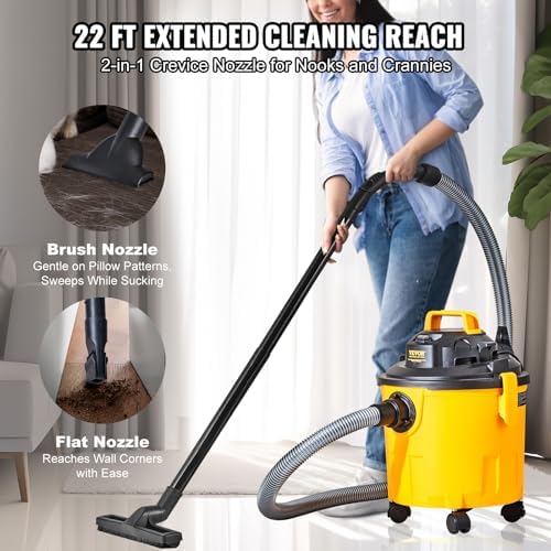 VEVOR 5 Gallon 6.0 Peak HP Wet and Dry Shop Vac， Portable Shop Vacuum and Blower 3-in-1 with Filter, Hose and Attachments for Home and Car Cleaning Black/Yellow - Image 4