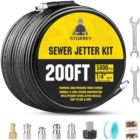 Pressure Washer Drain Jetter – Sewer Jetter Kit for Pressure Washer 200ft 1/4 Inch NPT Hose Nozzles and Adapter 5800PSI Clears Clogs in Pipes & Sewer Lines by Starrey