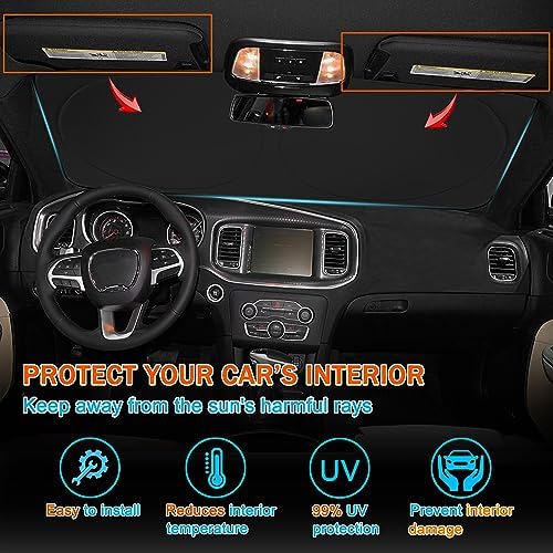 Front Windshield Sun Shade Fit for Dodge Charger Challenger Durango Journey Universal Fit to All Dodge Cars Foldable Sun Visor Protector Custom Fit Dodge Window Sunhade (Orange Trim) - Image 3