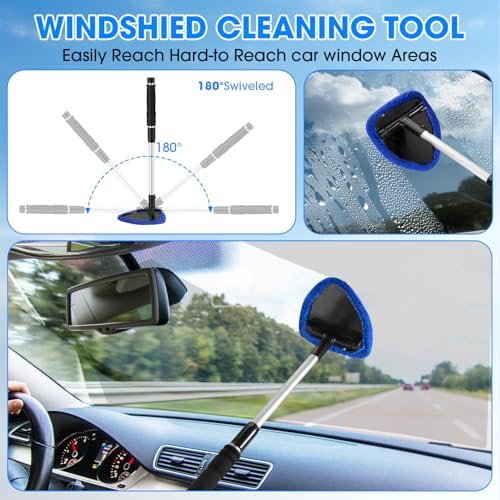 Windshield Cleaner Tool, Car Interior Cleaning Kit with Extendable Handle and 3 Reusable Microfiber Pads, Auto Glass Wiper and Detailing Brush Kit for Car & Home Window, Blue - Image 5